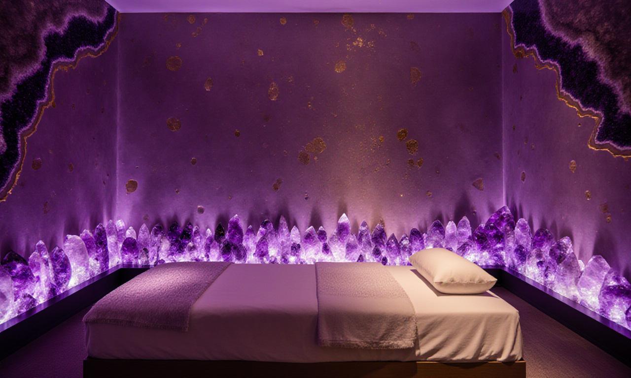 アメジストとクリスタルがちりばめられた静謐なスパルーム